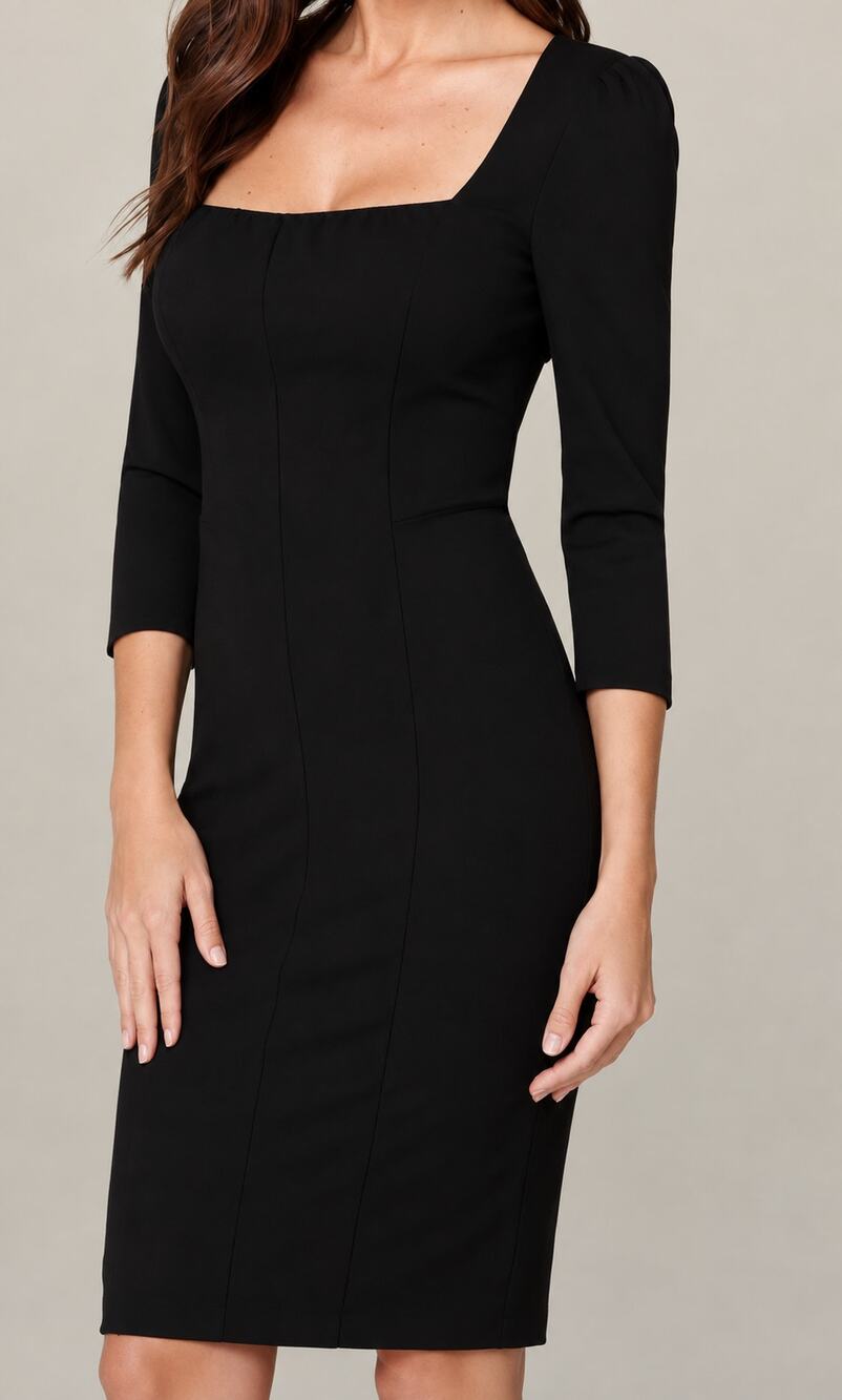 NWT Bebe Reyna Black Square Neck 3/4 Sleeve Sheath Dress Office Party Size 6